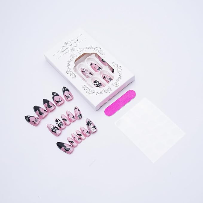 24Pcs Pink Glitter Press on Nails Medium Almond Fake Nails Cute Cat Black Bow Star False Nails with 3D Silvering Heart Vortex Gems Design Full Cover Glue on Nails Artificial Stick on Nail for Women