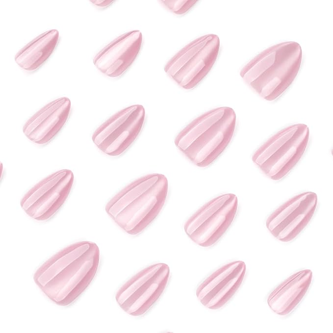 Nude Pink Press on Nails Short Almond Fake Nails Cat Eye Nails Press ons with Design,Reusable & Easy Apply Full Cover Stick on Nails for Women Manicure 24Pcs