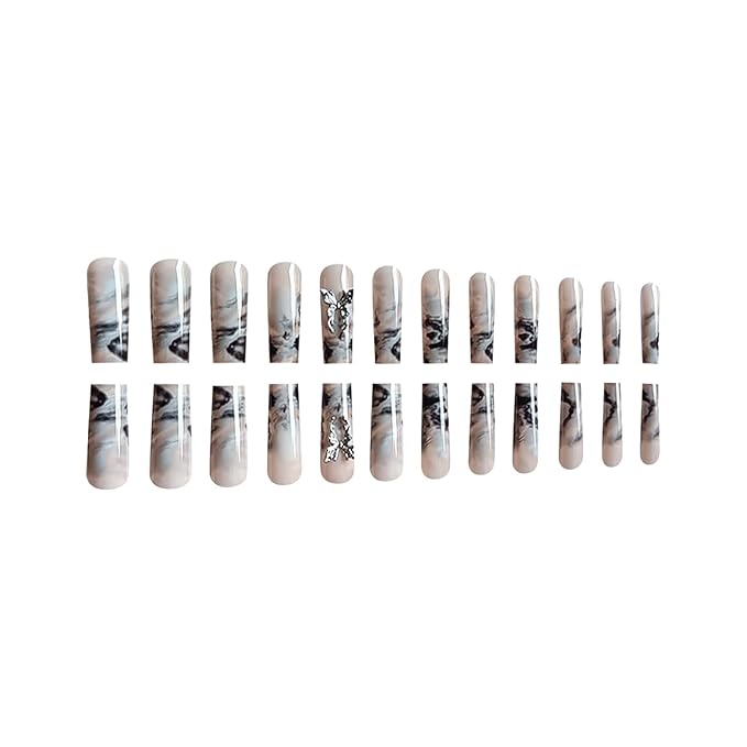 Long Coffin Press on Nails Y2K With 3D Butterfly Designs Black and White Full Cover Nude Acrylic False Nails for Women 24 Pcs