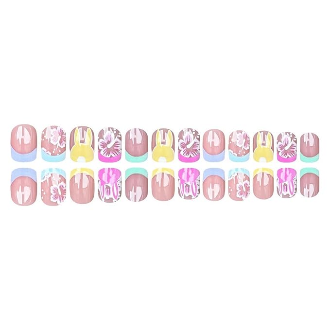 Easter Press on Nails Colorful French Tip Fake Nails with Designs Cute Yellow Bunny False Nail Glossy Full Cover Short Square Stick on Nails Easter Acrylic Nail for Women DIY Manicuare 24 Pcs