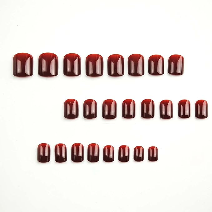 Dark Red Press on Nails Short Square Fake Nails Solid Color False Nails Press ons,Reusable Artificial Nails with Jelly Adhesive Tabs,Glossy Full Cover Stick on Nails for Women Manicure 24 Pcs