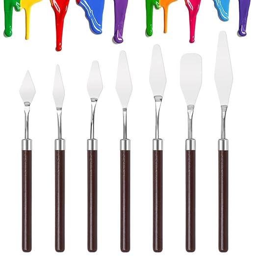 7Pcs Palette Knives Metal Spatulas with Wooden Handles for Oil Paints, Painting Craft Knife Mixing for Art, Palette Scraper for Paint Mixer, Smearing, Clay Sculpting Tools. 1Set