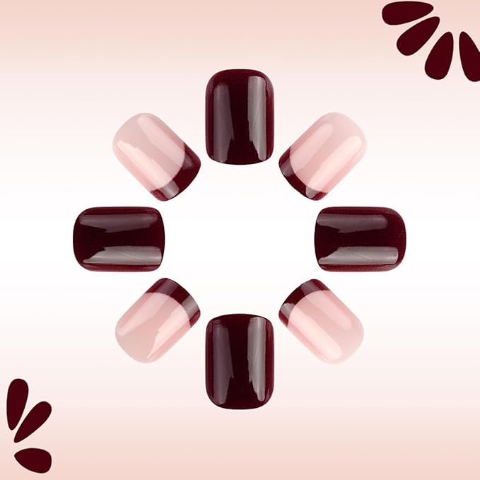 Autumn Flower Press on Nails Short Square Fake Nails Dark Red False Nails Press ons with Floral Design Reusable Artificial Nails Glossy Full Cover Glue on Nails Stick on Nails for Women Manicure 24Pcs
