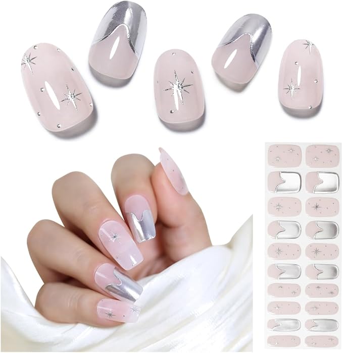 Arte Clavo Semi Cured Gel Nail Strips, Mirror French, Silver Star, 20PCS Gel Nail Stickers, Wraps, UV Light Required, Salon Quality, Easy Application and Removal