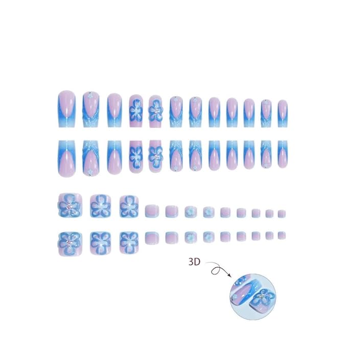 48Pcs Blue French Tips Press on Nails 3D Flower Press on Toenails Short Square Fake Nails with Flower Charm Design Floral False Toenails Glossy Reusable Summer False Nails for Women Girls Manicure