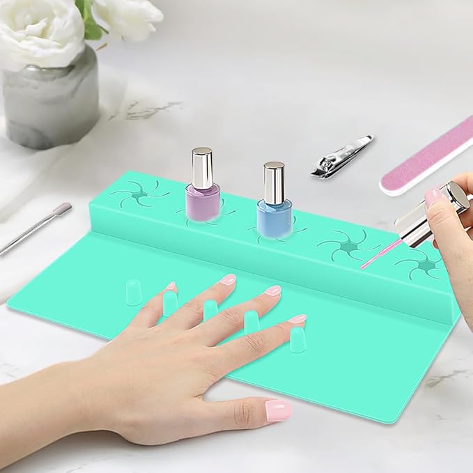 Nail Polish Holder,Silicone Hand Rest Mat Fingernail Painting Tools 2 in 1 Art Accessories Organizer Case Set with Anti-Spill Bottle Stand and Finger Separator for Pedicure Manicure-Turquoise