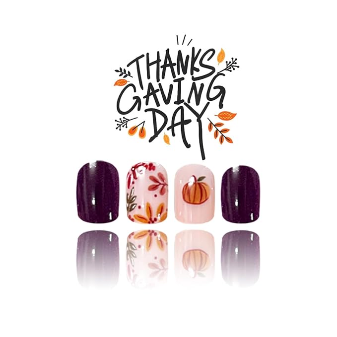 Short Square Press on Nails Fall Fake Nails Thanksgiving Day Nails Press ons with Pumpkin Fall Leaves Design,Full Cover Stick on Nails for Women Manicure,Reusable | Glossy | Easy Apply | 24 Pcs