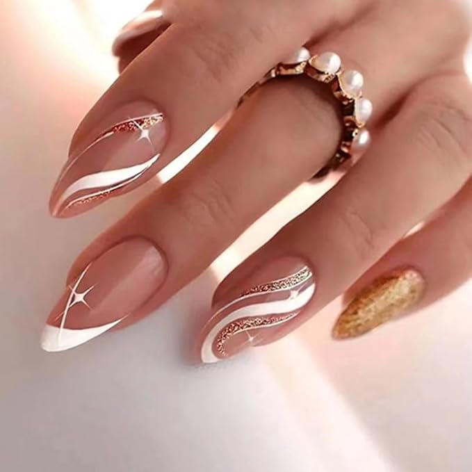 Eseres French Tip Nail Art Stickers Waves Lines Nail Decals 3D French Pattern Glitter Nail Art Design Stripe Nail Stickers 9Pcs French Nail Stickers Stripe Line Nail Decals