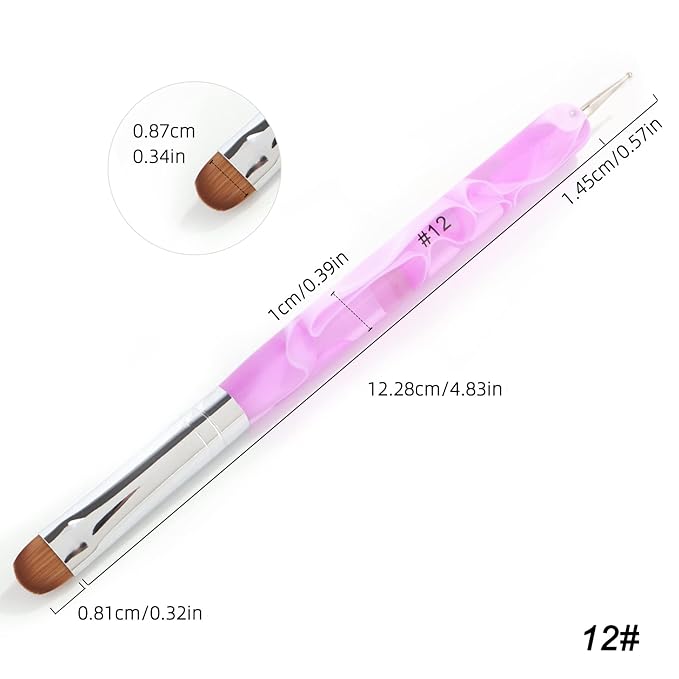 French Manicure Brush - Two Way Nail Art Brush with Dotting Tool for Cuticle Clean Up & Nail Art Design - Professional Salon Quality, Pink (12#)
