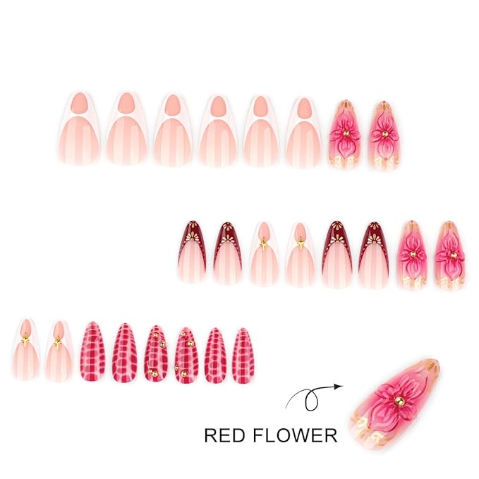 Medium Press on Nails Almond,Spring Summer Fake Nails,Red Nails Press ons with Crocodile,Gold Star,Lines,Beads Design,Reusable Artificial Nails,Easy Apply Manicure Kit for Women 24Pcs