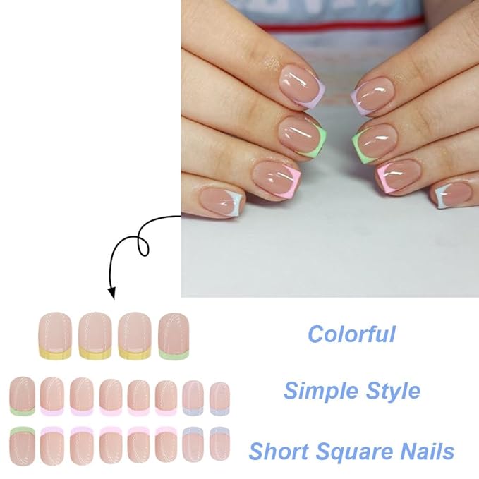Press on Nails Square Short Short Fake Nails Press ons Multicolor French Nail Tips Artificial Acrylic Kit Full Cover False Nails with Glossy Design Stick on Nails for Women 24Pcs