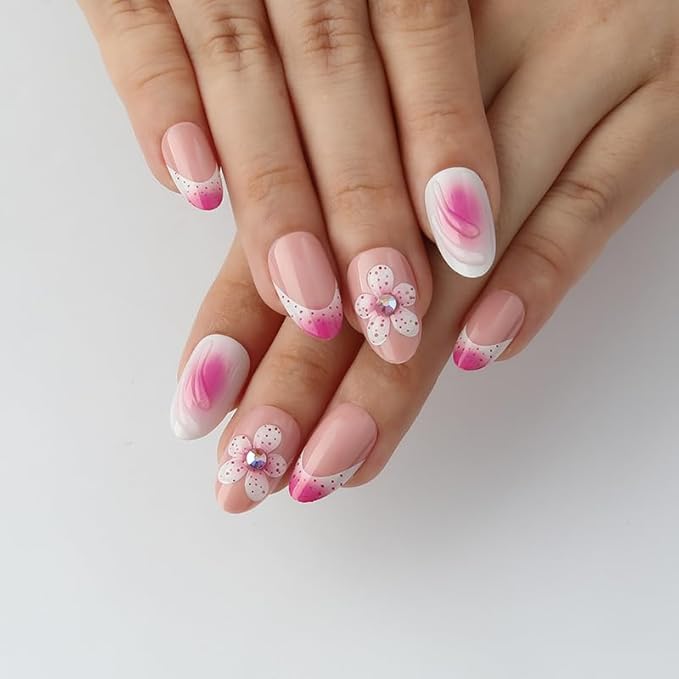 3D French Tip Flowers Press On Nails Almond Short, 3D Pattern French Tips Designer Reusable Acrylic Nails Press Ons, Fake Nails With Glue On, Daily Wear Floral False Nails For Women
