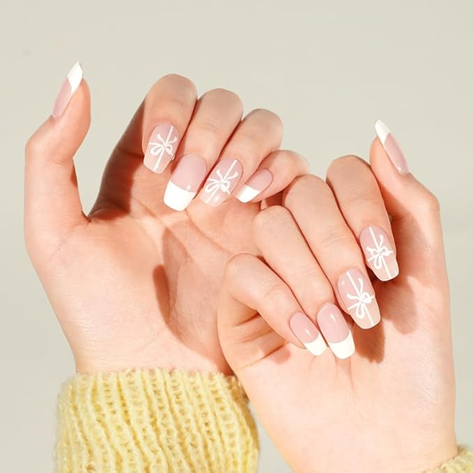 20pcs Christmas Semi Cured Gel Nail Strips - Salon-Grade DIY Wraps with Glaze Texture, Easy Application, UV Light Required for Festive Nails(Pink Toned Bow Accented French Nail)