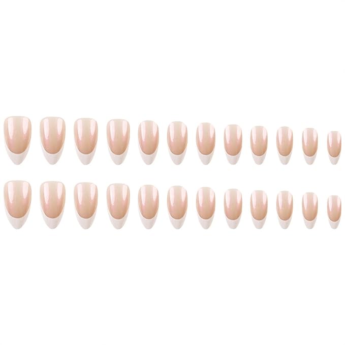 French Tip Press on Nails Mediun Almond Fake Nails Press ons Chrome False Nails with Designs Glossy Full Cover Acrylic Glue on Nails Cute Artificial Stick on Nails for Women Manicure Decoration 24Pcs