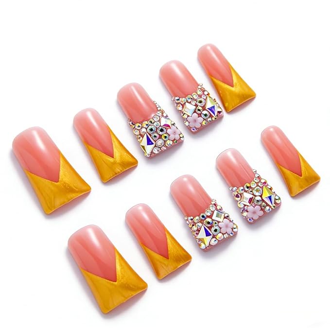 10 Pieces Handmade Luxury Metallic Yellow Shimmer with AB Crystal Shine Long Press On Nails With Bling Rhinestones And Y2K Princess Vibes, Reusable Fake Nails, Acrylic Nails (M)