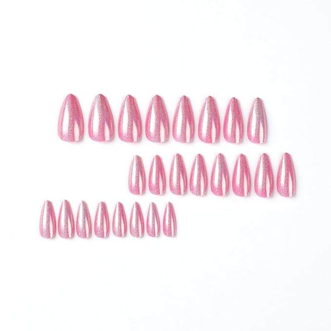 Press on Nails Almond - Medium Fake Nails with Chrome Colorful Design - Pink False Nails Press ons - for Women 24 Pcs