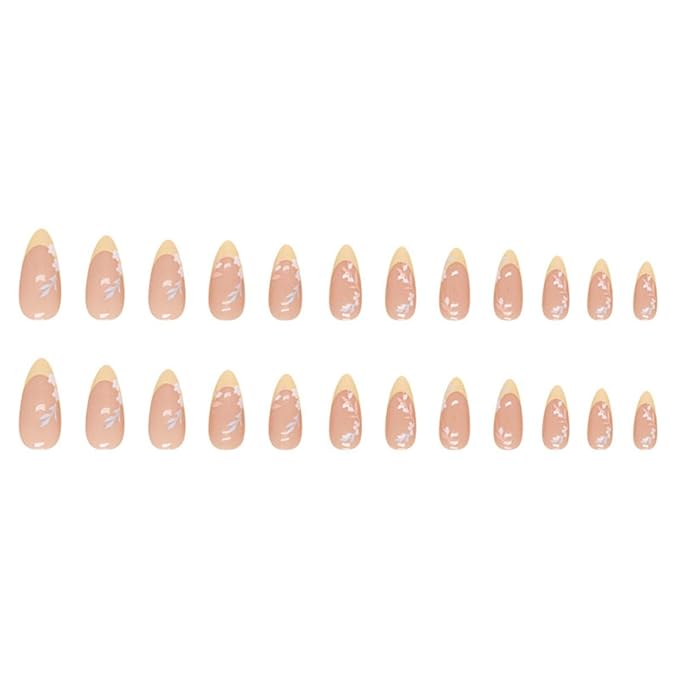 Flower Almond Press on Nails Medium Fake Nails French Tip False Nails with Designs Floral Glue on Nails Glossy Full Cover Acrylic Artificial Cute Stick on Nail for Women Nail Manicure 24pcs