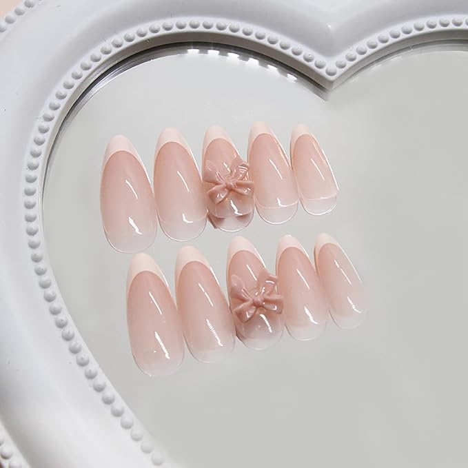 24pcs French Tip Press on Nails Medium Almond Fake Nails with Charms Designs Bow False Nails Stick on Nails Full Cover Glossy Artificial Nails for Women Girl Nail Decoration Supplies