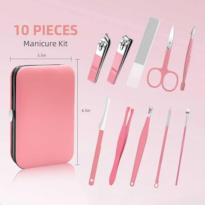 10 in 1 Manicure kit for Women Professional Pink Nail kit, Nail Care kit and Personal Toe Nail Clippers, Complete Manicure Set Women with Travel Beauty Tools Convenience Set