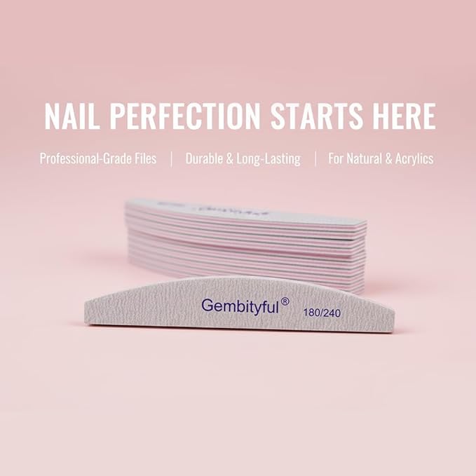 25 Pcs Thick Nail File 180/240 Grit Semicircle Shape, Emery Boards Nail File for Natural Nails and Acrylic Nails, Double Sided Boards Profesional for Home and Salon