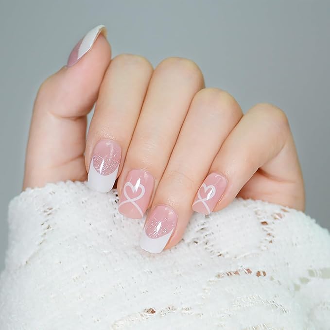Valentines Day Semi Cured Gel Nail Strips 22Pcs Love Heart Gel Nail Stickers for Nail Art White Heart with French Tip Design Nude Pink Full Wrap Gel Nail Strips Sticker UV Light for Manicure Salon