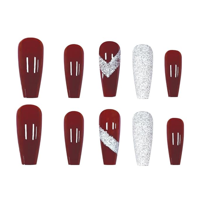 Coffin Press on Nails Long Red Stick on Nail Tips Nails Press ons with Sparkly Glitter Press on False Nails for Women 24pcs