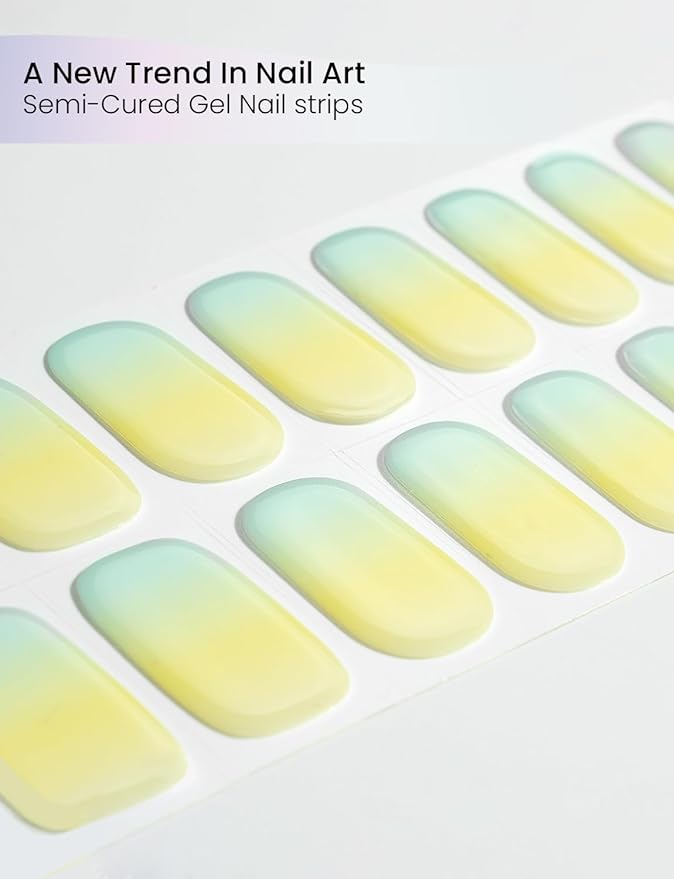 Semi Cured Gel Nail Strips | Built-In Gel Top Coat | UV Light Required | Salon Quality, Easy Application And Removal (Lemon Macaron）