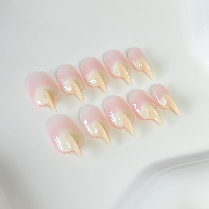 10 Pcs Handmade Press on Nails Medium Curved Stiletto Cat Claw Nails Press Ons Beige Nail Tips Design Thick Cat Claw Fake Nails Reusable Glossy Acrylic Stick on Nail (S)