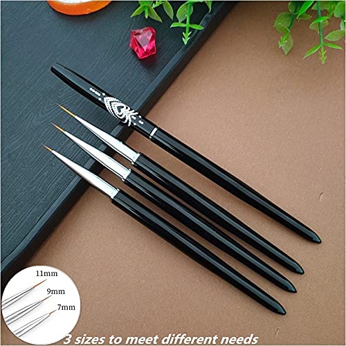 Nail Art Liner Brushes, 7mm/9mm/11mm UV Gel Painting Nail Art Design Brush Metal Handle Nail Drawing Pens (3PCS, Black)