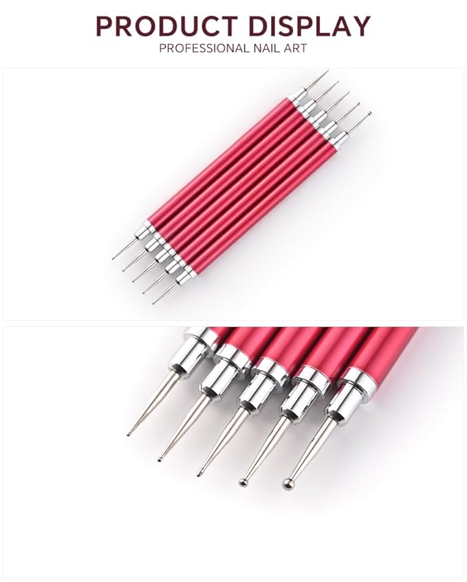 5Pcs Nail Art Dotting Tool Set Double-Ended Dotting Pens & Embossing Stylus for Gel & Acrylic Nails Manicure Brush for Nail Design, Painting, Sculpting & DIY Decorations (Red)