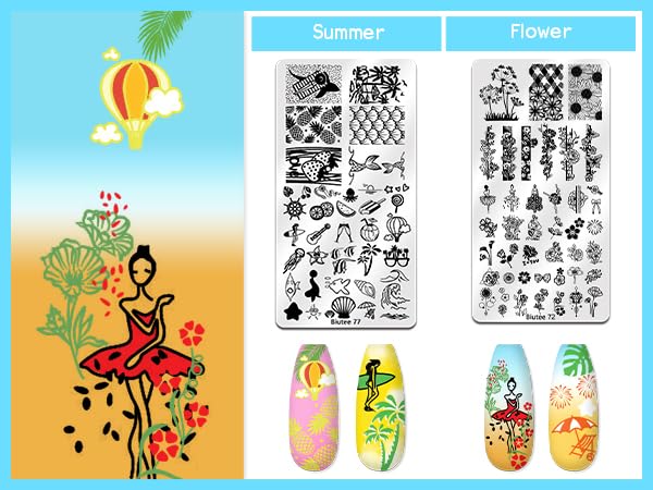Biutee Nail Stamper Kit 22Pcs Gel Nail Stamping Kit 12Pcs Nail Stamping Plates 8Pcs Gel Stamping Polish, Silicone Stamper Scraper Flower Lace Star Stripe Holiday Stamp Template Gift for Women
