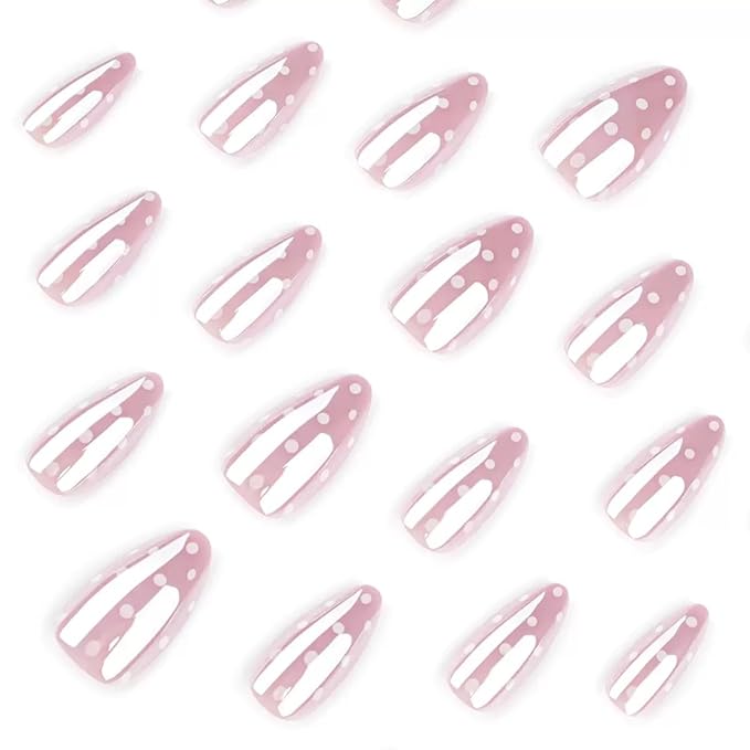 Short Press on Nails Almond - Chrome Pink Fake Nails with Polka Dot Design - Glossy Full Cover Stick on False Nails for Women 24 Pcs