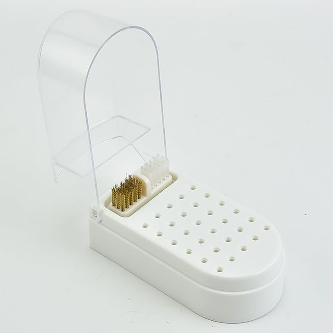 HURRISE Nail Drill Bit Holder,Nail Drill Bit Display Box Nail Drill Bit Storage Plastic 30 Holes Transparent Portable Nail Drill Bit Holder with Cleaning Brush (White)