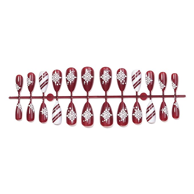 Christmas Red Press on Nails Short Almond Fake Nails Holiday Nails Press ons with Candy Cane Stripes,Snowflake Design Full Cover Stick on Nail for Women Winter Manicure,Reusable | Easy Apply | 24Pcs