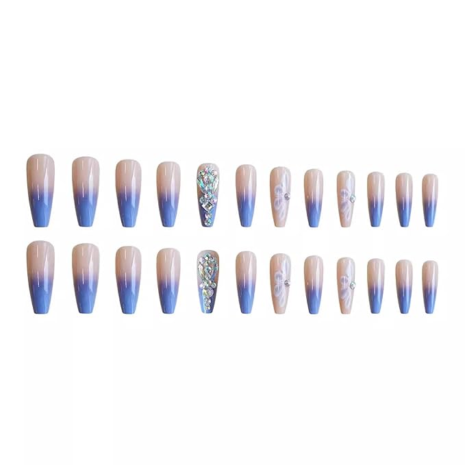 RTKHFZE Press on Nails Long Blue French Tip Fake Nails Coffin Glue on Nails with Flower and Rhinestones Designs Acrylic False Nails Glossy Full Cover Stick on Nail for Women and Girls