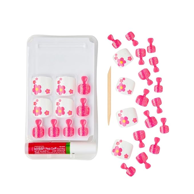 GoldFinger Trendy Press On Fake Toenail Kit Wider Fit, Cute Flower Print & High Pigment Pink Color, Ready to Wear Gel & Manicure Stick, Mini Glue included, Long-Lasting Convenient & Easy to Apply