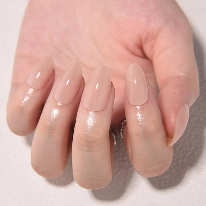 Nude Brown Jelly Press On Nails Short Almond, Glossy Design Acrylic Fake Nails with Full Cover Stick on Nails,Reusable Glue-On Stickers for Fashion False Nails for Women Gift