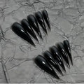 Halloween Press on Nails Long Curved Stiletto Handmade Black Design Stick on Nails Horror Vampire Fake Nails Dragon Cat Claw Press on Nails Glossy Acrylic Glue on Nail Thick (S,Black Glossy Finish)