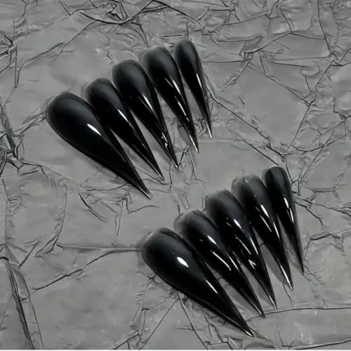 Halloween Press on Nails Long Curved Stiletto Handmade Black Design Stick on Nails Horror Vampire Fake Nails Dragon Cat Claw Press on Nails Glossy Acrylic Glue on Nail Thick (S,Black Glossy Finish)