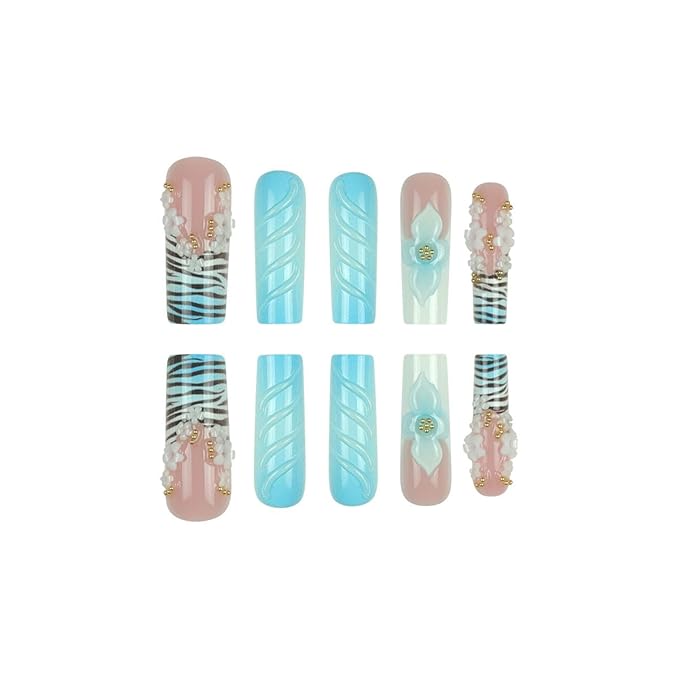 Long Square Press on Nails,Handmade Acrylic Press on Nails with Designs，Long Press on Nail for Women 24pcs