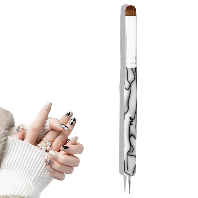 French Manicure Brush - 2 Way Nail Art Brush with Dotting Tool for Cuticle Clean Up & Nail Art Design - Professional Salon Quality, White, 14#