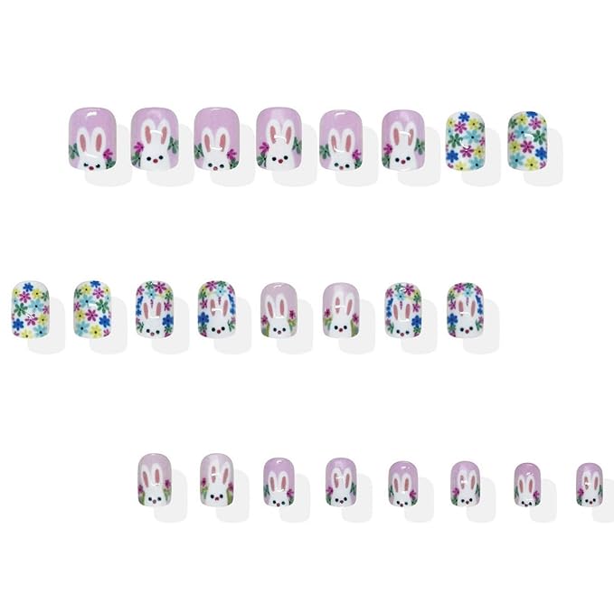 24 Pcs Easter Press on Nails Cute White Bunny Fake Nails Short Square Acrylic Nails with Colorful Flower Designs Full Cover Glossy False Glue on Nail for Women Easter Manicuare Art Decoration