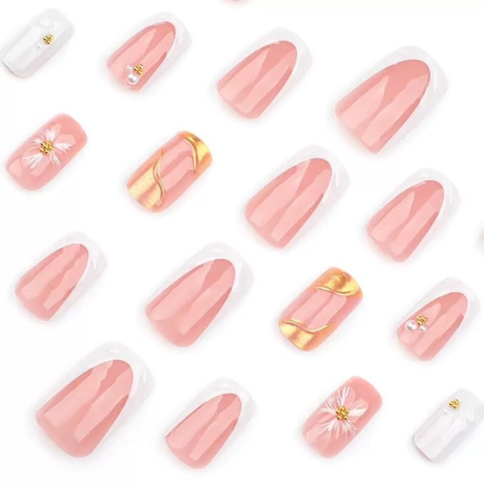 Square Press on Nails Medium - White French Tip Fake Nails with 3D Flower Wave Design- Elegant Full Cover Stick on False Nails for Women - 24 Pcs