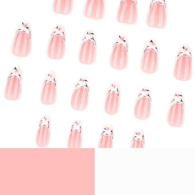 French Tip Press on Nails Medium Almond Fake Nails White False Nails Press ons Lace Rose Glue on Nails Acrylic Artificial Stick on Nail for Women Nail Decoration 24Pcs