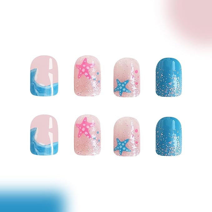 Short Square Press on Nails Summer Fake Nails Cute Blue Nails Press ons with Beach Vibes Sea Starfish Designs Full Cover Glue on Nail Stick on Nails for Women Manicure 24Pcs