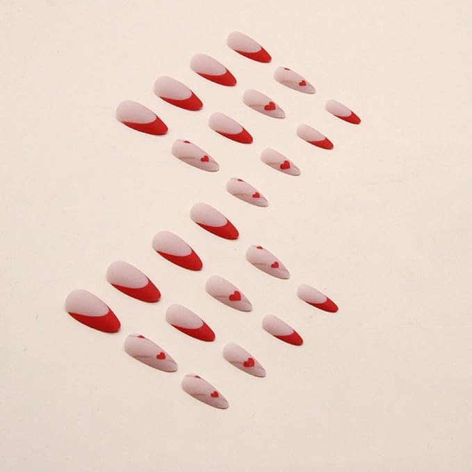 Press on Almond Nails - Red French Tip Fake Nails with Gold Line Design - Heart, Medium False Nails Stick on - for Women 24 Pcs