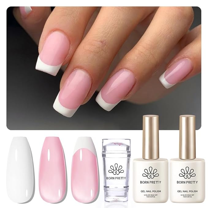 Born Pretty French Manicure Kit, Nail Stamper and 2Pcs Gel Nail Polish, Include Jelly Sheer Pink White Colors for French Tip, U V Light Cure