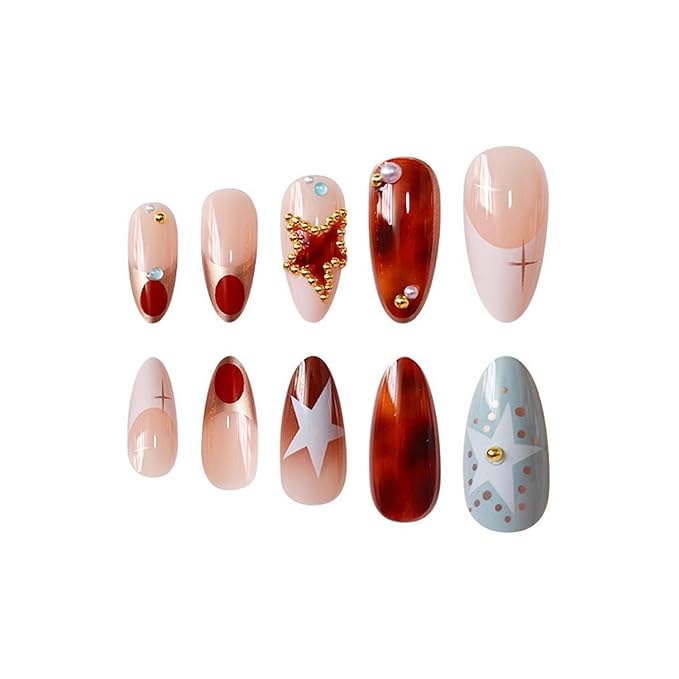 Almond Press on Nails Medium Length MABKJLF French Tip Fake Nails Amber False Nails with Stars Pearls Designs Stick on Nails Glossy Glue on Nails for Women Girls 24Pcs