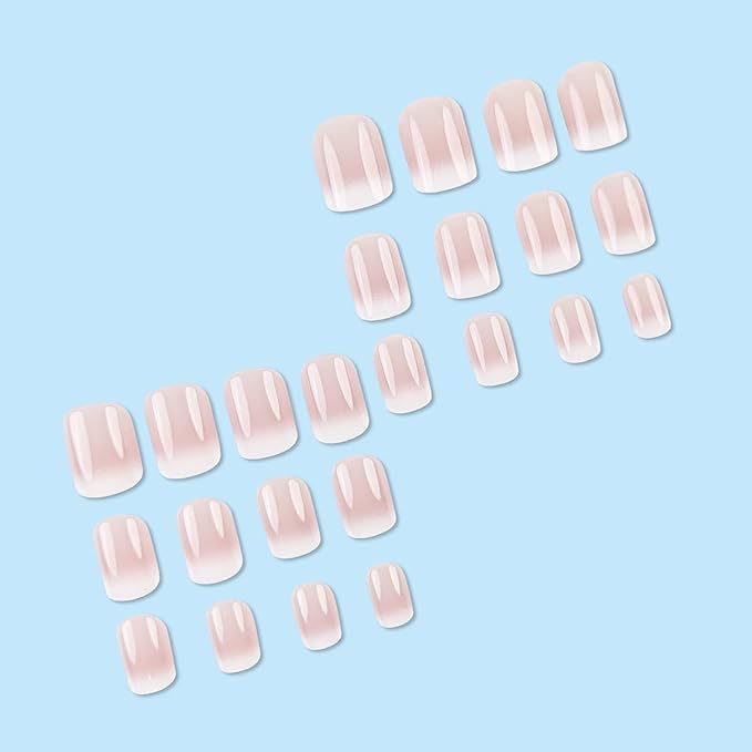 Press on Nails Short Square MABKJLF Fake Nails Full Cover Pink & White Gradient False Nails Glossy Glue on Nails Stick on Nails Acrylic Nails Artificial Nails for Women Girls 24Pcs
