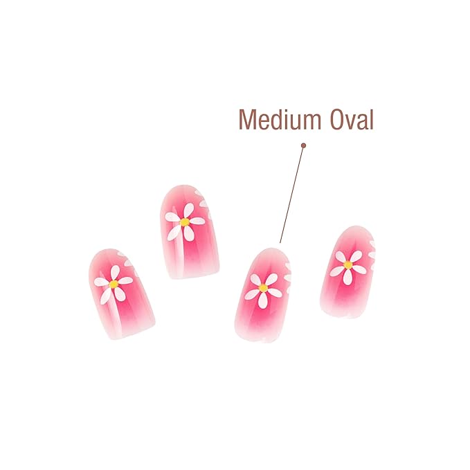 GoldFinger 24 Pcs Press On Nails,Medium Oval Fake Nails, Pink Flower Aura Gel Stick On Extensions, Reusable Full Cover False Nail Kit with Glue, Manicure Stick & File, 7 Day Long Lasting Wear